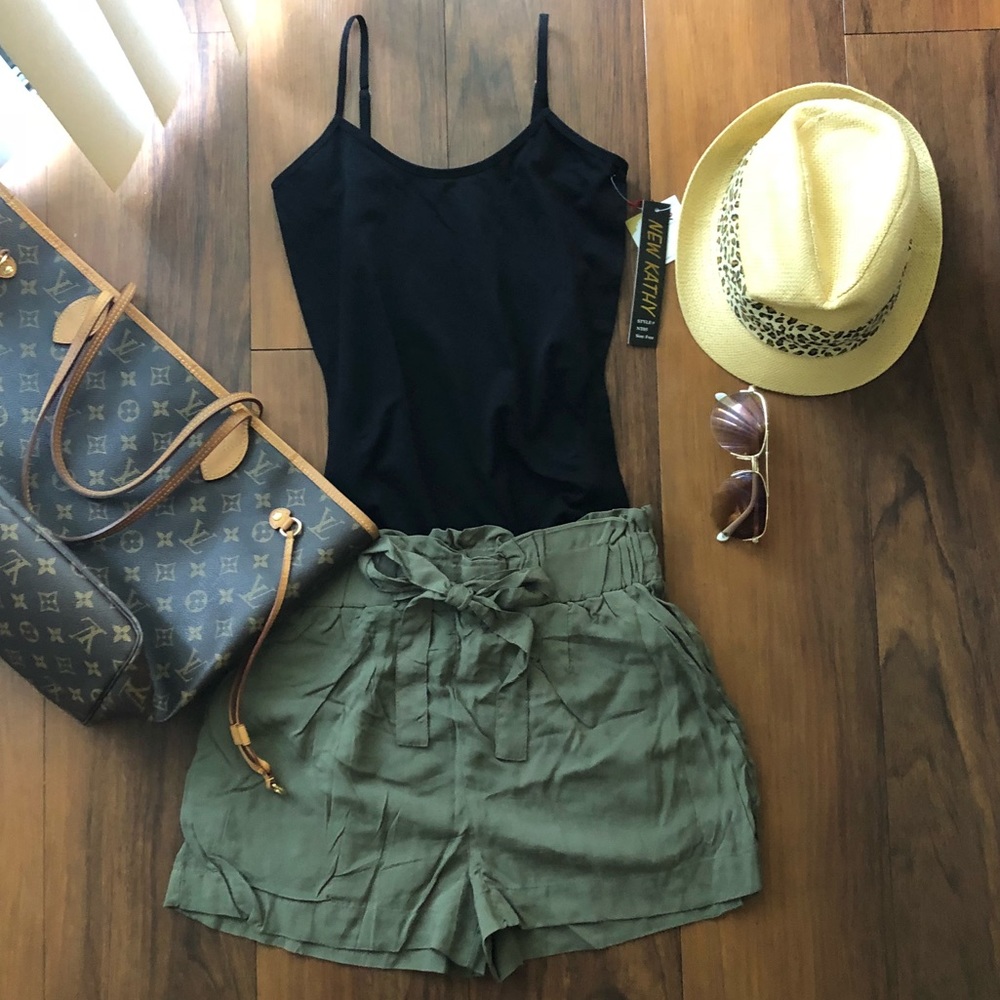 Olive Green Paperbag Waist Shorts- 1 S